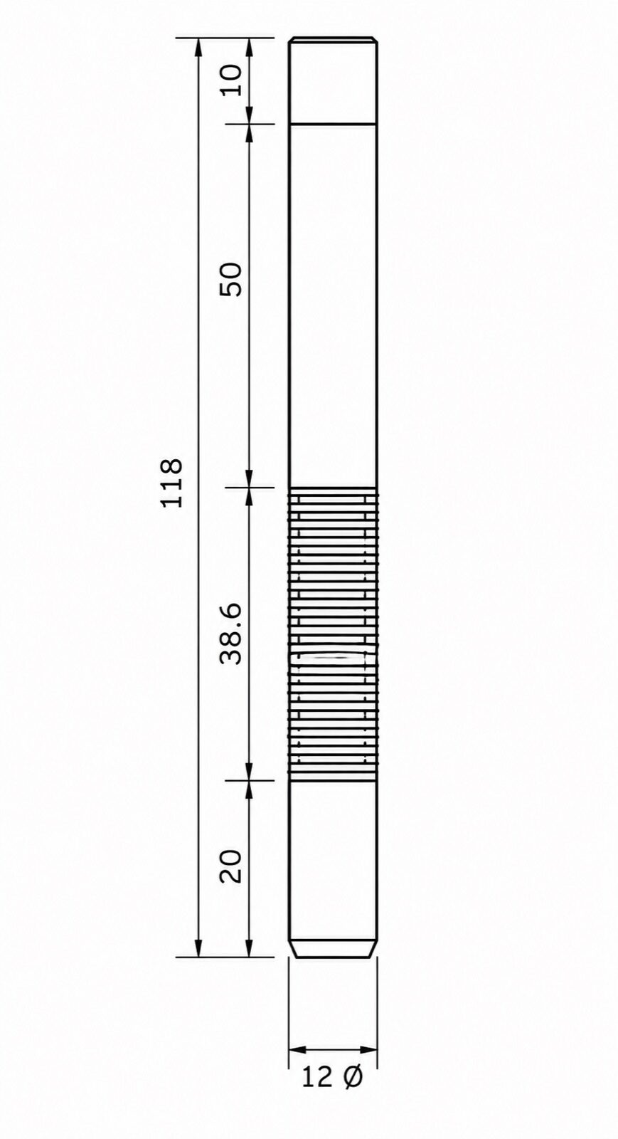 Incure L-Series™ L9000 Long Guide dimensional drawing — 118 mm total length, 12 mm diameter