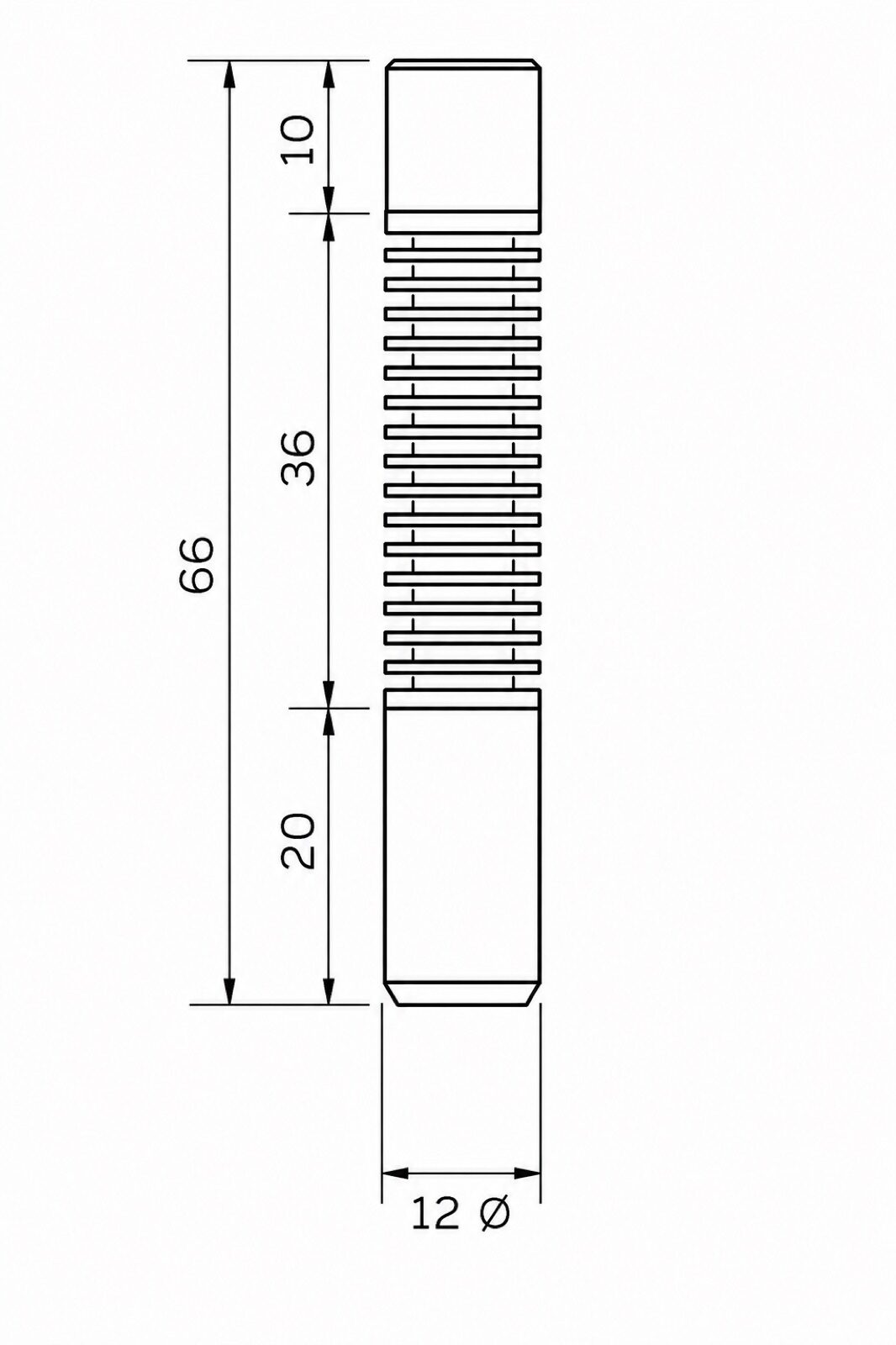 Incure L-Series™ L9000 Short Guide dimensional drawing — 66 mm total length, 12 mm diameter
