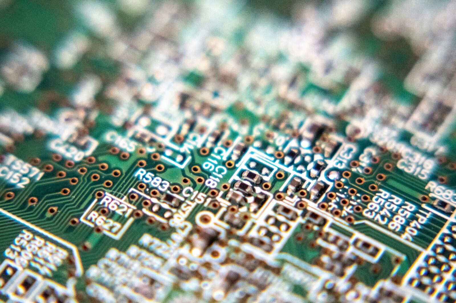 Green populated circuit board macro for Pyra-Sil™ silicone conformal coating PCB and PCBA protection